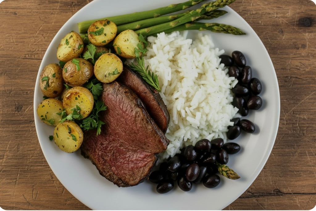 Top sirloin with white rice , black beans, asparagus and baby potatoes 300 G