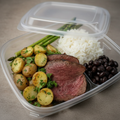 Top sirloin with white rice , black beans, asparagus and baby potatoes 300 G