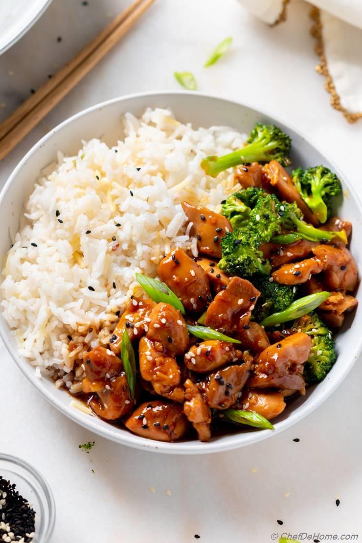 Healthy teriyaki chicken low sodium with rice and steamed broccolis - 500g